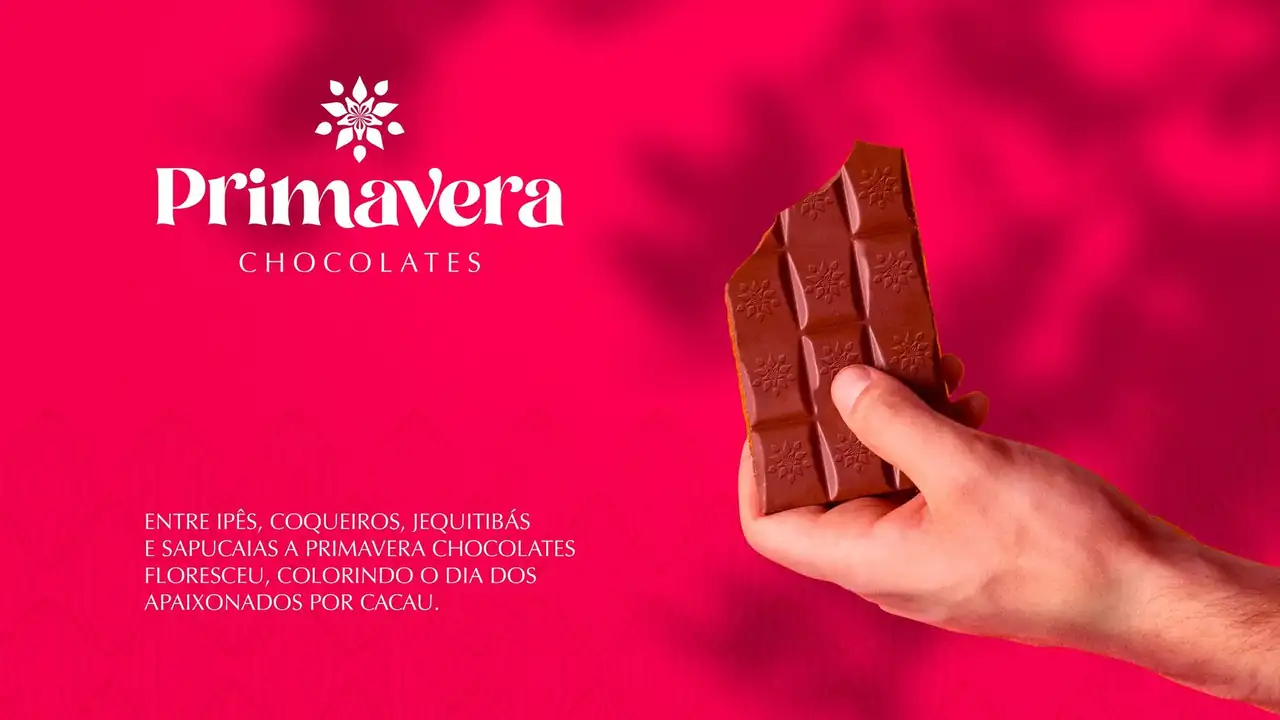 Primavera Chocolates — barra de chocolate ao leite na mão, fundo rosa